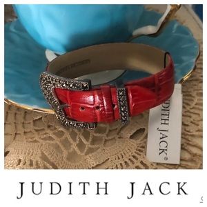 JUDITH JACK Belt Red Leather Buckle Sterling Silver Marcasite Bracelet